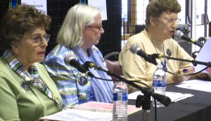 Poets Ida J. Lewenstein, Ollie Mae Trost Welch, and Jo Carpignano being interviewed by Darlene Frank on the Literary Arts stage at the San Mateo County Fair, 2013. 